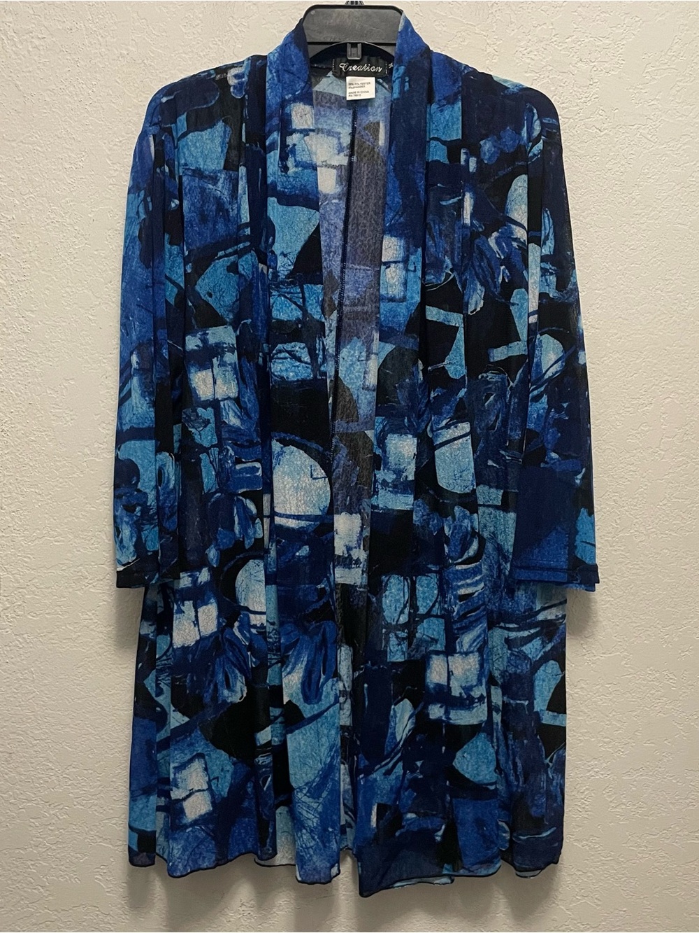 Creation Women's Mesh Arty Blue Abstract Open Front Long Line Cardigan Sz 3X